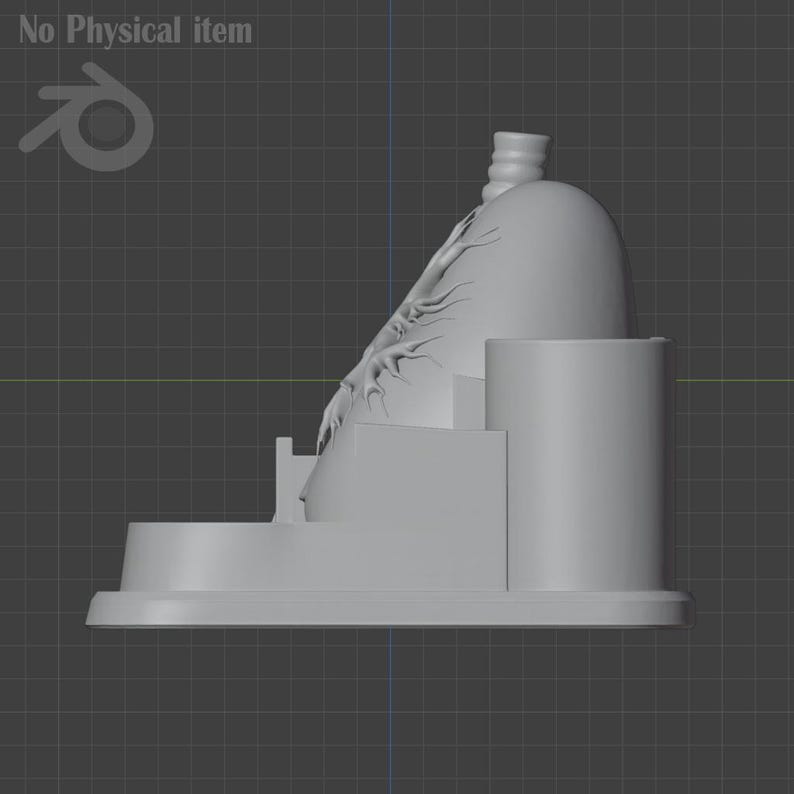 Puede incluir: Una escultura renderizada en 3D de color gris claro con una parte superior redondeada y un elemento cil&iacute;ndrico. La escultura tiene un dise&ntilde;o org&aacute;nico y texturizado en su lado y se asienta sobre una base rectangular. Las palabras "No Physical item" est&aacute;n arriba a la izquierda.