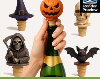 May include: A digital 5 in 1 STL bundle featuring five bottle stoppers with Halloween themes: a purple witch hat, an orange jack-o'-lantern, a beige human skull, a grey grim reaper with a scythe, and a black bat. Text reads No physical item.
