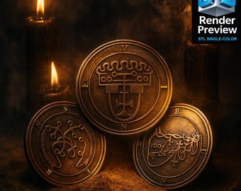 Demonic Sigil Coin Bundle – Single-Color Goetia & Solomon Style Seal Set | Occult Medallion Tokens | 3 Coins Digital STL Pack