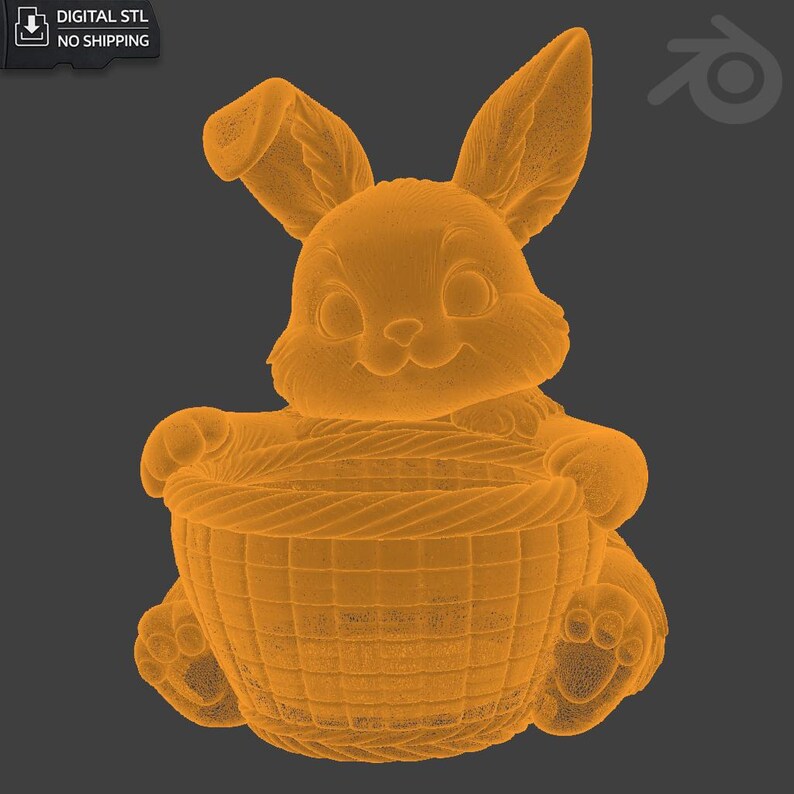 May include: A 3D-rendered orange bunny holding a woven basket. The bunny has large ears, a smiling face, and detailed paws. The image includes the text "DIGITAL STL NO SHIPPING".