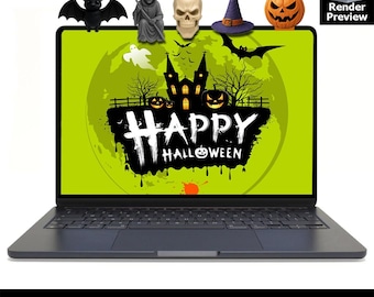 May include: A laptop screen shows a Halloween design with a green backdrop and "Happy Halloween" text. 3D models of a bat, Grim Reaper, skull, witch's hat, and pumpkin sit above the screen. The words "5 IN 1 STL BUNDLE" are displayed at the bottom of the image.