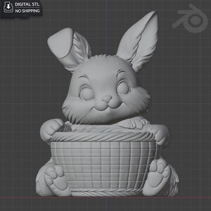 May include: A 3D-rendered, gray bunny figurine holding a woven basket. The bunny has large ears, a smiling face, and detailed paws. The image includes the text "DIGITAL STL NO SHIPPING".