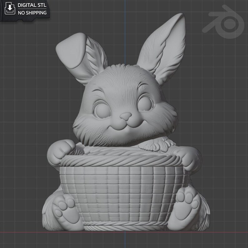 May include: A 3D-rendered, gray bunny figurine holding a woven basket. The bunny has large ears, a smiling face, and detailed paws. The image includes the text "DIGITAL STL NO SHIPPING".