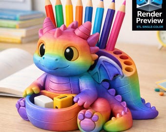 Portalápices de dragón arcoíris STL, bonito organizador de dragón, decoración de escritorio para niños, impresión 3D de un solo color, archivo adicional, listo para imprimir