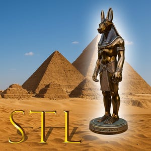 May include: A bronze-colored statue of Anubis, the Egyptian god of the afterlife, stands on a circular base. The statue is in front of the pyramids of Giza, with the word "STL" in gold letters in the foreground. The background is a desert landscape under a blue sky.