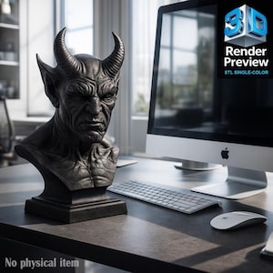 Puede incluir: Un busto gris oscuro de un demonio con cuernos y una expresión severa. La escultura está sobre un escritorio con una computadora, teclado y ratón. La imagen incluye el texto "Render Preview STL SINGLE-COLOR" y "No physical item."