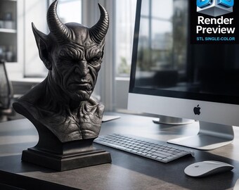 May include: A dark gray bust of a horned demon with a stern expression. The sculpture is on a desk with a computer, keyboard, and mouse. The image includes the text "Render Preview STL SINGLE-COLOR" and "No physical item."
