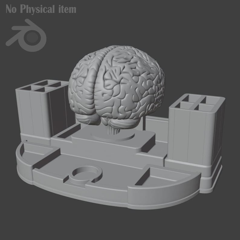 Pu&ograve; includere: Un organizer da scrivania grigio con un modello dettagliato di cervello al centro. L'organizer include portapenne e piccoli vassoi, il tutto in un design monocromatico. Il testo "No Physical item" &egrave; in alto a sinistra.