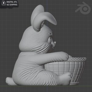 May include: A 3D-rendered image of a gray bunny holding a basket. The bunny is sitting down, with its paws resting on the basket. The bunny has large ears and a fluffy tail. The basket is woven and appears to be empty. Text in the upper left corner reads "DIGITAL STL NO SHIPPING".