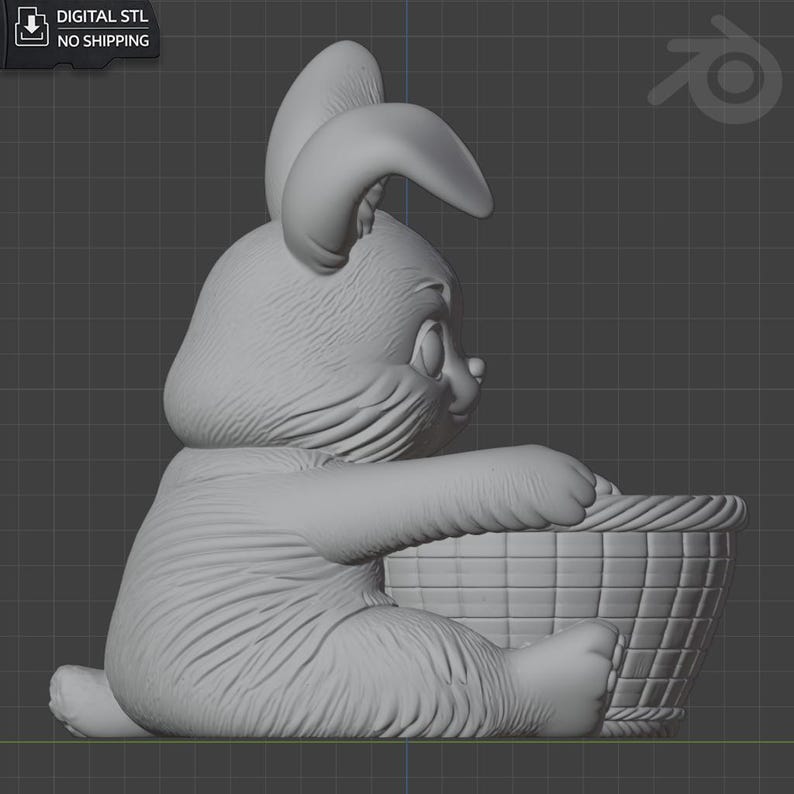 May include: A 3D-rendered image of a gray bunny holding a basket. The bunny is sitting down, with its paws resting on the basket. The bunny has large ears and a fluffy tail. The basket is woven and appears to be empty. Text in the upper left corner reads "DIGITAL STL NO SHIPPING".