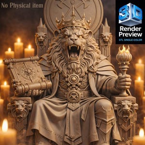 May include: A detailed sculpture of a lion-headed king seated on a throne, holding a scroll and a torch. The king wears a crown and ornate armor. The background features lit candles and the text "Render Preview".