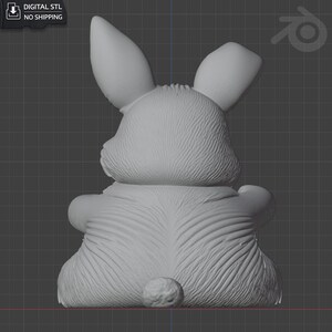 May include: A 3D-rendered, gray bunny figurine, viewed from the back. The bunny has large ears, a fluffy tail, and detailed fur texture. The image includes the text "DIGITAL STL NO SHIPPING".