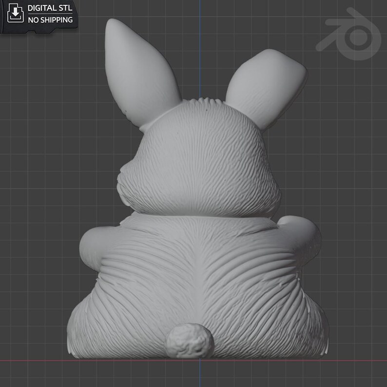 May include: A 3D-rendered, gray bunny figurine, viewed from the back. The bunny has large ears, a fluffy tail, and detailed fur texture. The image includes the text "DIGITAL STL NO SHIPPING".
