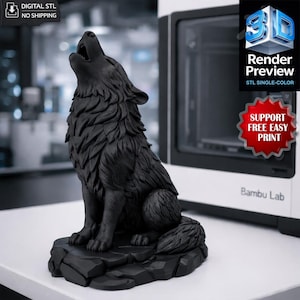 Howling Wolf Statue STL for 3D Printing | Single Color Wolf Figurine | Fantasy Animal Sculpture | Digital STL File