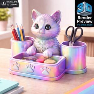 Könnte beinhalten: Ein pastellfarbener Schreibtisch-Organizer in Katzenform mit Stifthaltern, einer Ablage und einer Schere. Der Organizer hat ein holografisches Finish und enthält den Text "DIGITAL STL NO SHIPPING" und "Render Preview STL SINGLE-COLOR".
