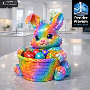 May include: A colorful rainbow-hued Easter bunny figurine holding a basket of decorated Easter eggs. The bunny has large, expressive eyes and a cheerful expression. The basket and bunny are painted in vibrant shades of red, orange, yellow, green, blue, and purple.