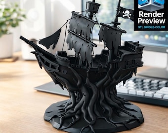 May include: A black pirate ship model with tattered sails and a skull and crossbones flag. The ship is mounted on a base of stylized roots. The image includes the text "Render Preview" and "STL SINGLE-COLOR".