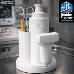 May include: A white medical device organizer holding a bottle labeled "Ultrasound Gel", a handheld probe, scissors, and a yellow pencil. The organizer has a round base and is designed for medical use.