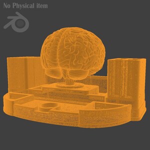 Pu&ograve; includere: Modello 3D di un cervello umano di colore arancione chiaro, posizionato sopra una piattaforma a pi&ugrave; livelli. Due strutture rettangolari affiancano il cervello. Il testo "No Physical item" &egrave; in alto a sinistra.