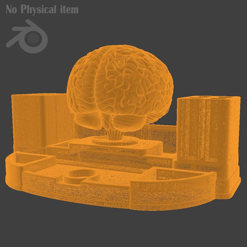 Pu&ograve; includere: Modello 3D di un cervello umano di colore arancione chiaro, posizionato sopra una piattaforma a pi&ugrave; livelli. Due strutture rettangolari affiancano il cervello. Il testo "No Physical item" &egrave; in alto a sinistra.