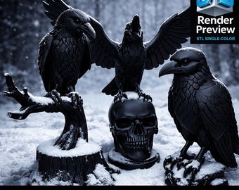 Raven Statue STL Bundle 3 in 1 | Gothic Raven Sculptures | Dark Bird Decor | Single Color STL | Digital Download