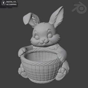 May include: A 3D-rendered, smiling bunny holding a woven basket. The bunny has large ears and is sitting upright. The basket is round and has a textured surface. The image includes the text "DIGITAL STL NO SHIPPING".
