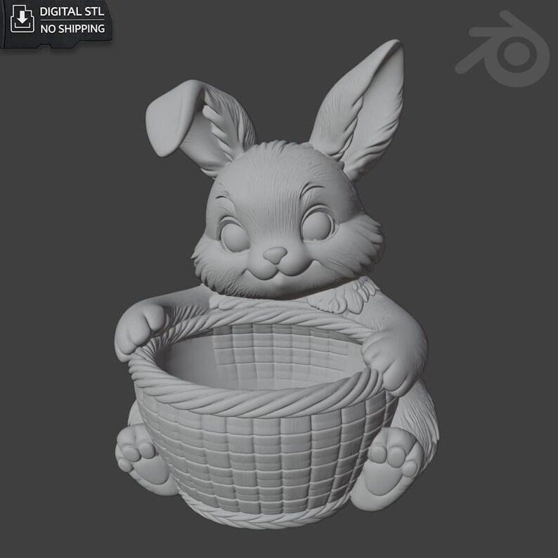 May include: A 3D-rendered, smiling bunny holding a woven basket. The bunny has large ears and is sitting upright. The basket is round and has a textured surface. The image includes the text "DIGITAL STL NO SHIPPING".