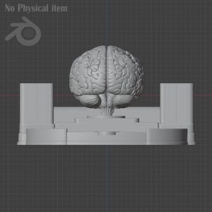 Pu&ograve; includere: Modello 3D grigio di un cervello umano, posizionato su una piattaforma a pi&ugrave; livelli con due pilastri rettangolari. Il modello &egrave; su uno sfondo a griglia, con il testo "No Physical item" in alto a sinistra.