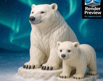 Polar Bear Family STL – Single-Color Highly Detailed Arctic 3D Model for Printing | Winter Animal Statue | Digital Download