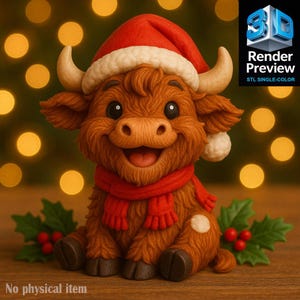 Schottische Highland Kuh Weihnachten Einfarbig STL - Niedliche 3D Print Figur | Urlaub Dekor | Digitaler Download