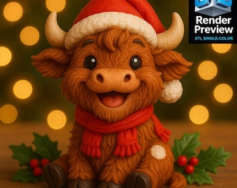 Scottish Highland Cow Christmas Single-Color STL – Cute 3D Print Figurine | Holiday Decor | Digital Download