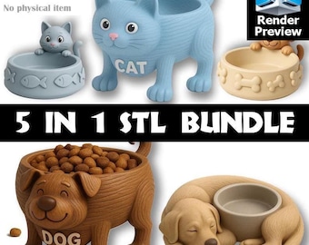 Pet Bowl Bundle – Cat and Dog Designs for 3D Printing | 5 STL Models | Digital Download