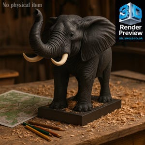May include: A dark gray elephant figurine with ivory tusks stands on a rectangular base. The elephant's trunk is raised, and the textured details of its skin are visible. The image includes the text "Render Preview STL SINGLE-COLOR."