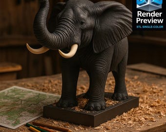Puede incluir: Una figura de elefante gris oscuro con colmillos de marfil se alza sobre una base rectangular. La trompa del elefante está levantada y los detalles texturizados de su piel son visibles. La imagen incluye el texto "Render Preview STL SINGLE-COLOR".