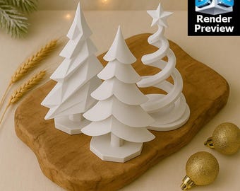 Puede incluir: Tres adornos blancos de árbol de Navidad sobre una tabla de madera. Uno tiene un diseño geométrico, otro ramas en capas y el tercero es una espiral con una estrella. También hay dos bolas doradas. El texto "Render Preview" es visible.