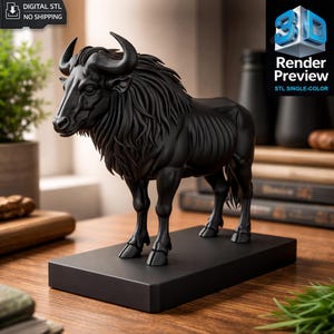 May include: A black sculpture of a wildebeest, standing on a rectangular base. The wildebeest has detailed fur and horns. The image includes the text "DIGITAL STL NO SHIPPING" and "Render Preview STL SINGLE-COLOR".