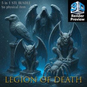 Puede incluir: Una representación digital de cinco estatuas góticas. Las estatuas incluyen un cuervo, una figura encapuchada con alas, dos gárgolas y una araña. El texto "LEGION OF DEATH" está en la parte inferior. La imagen también incluye el texto "5 in 1 STL BUNDLE" y "No physical item."