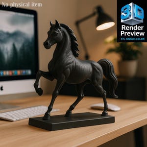 May include: A black horse statue in a rearing pose, mounted on a rectangular base. The sculpture is detailed, with a flowing mane and tail. The image is a render preview, single-color.