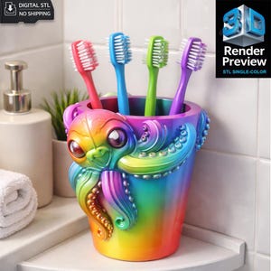 Octopus Toothbrush Holder STL | Bathroom Organizer Cup | Marine Decor | 3D Print Model | Digital Download | No Shipping | Single Color