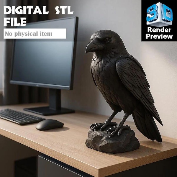 Gothic Raben Statue - Krähe Figur Einfarbig Modell für 3D Druck | Dunkles Kunst Dekor | Digitaler Download