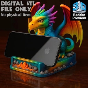 Puede incluir: Un soporte para teléfono con forma de dragón colorido. El dragón presenta tonos de azul, verde, amarillo, naranja y morado. El soporte sostiene un teléfono inteligente negro. El texto en la imagen dice "DIGITAL STL FILE ONLY" y "Render Preview".
