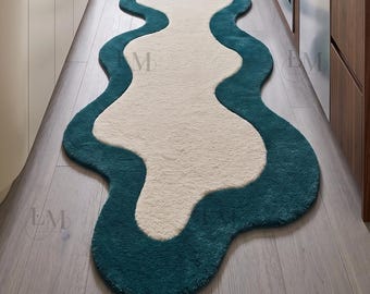 Emerald Wave Hand-Tufted Wool Runner Rug – Modern Abstract Green & Ivory Hallway Carpet