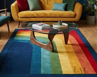 Modern Rainbow Hand Tufted Wool Area Rug, Colorful Nursery Carpet, Handmade Playroom Rug.