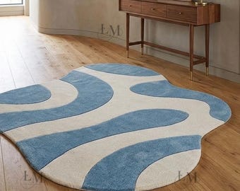 Blue Ivory Abstract Hand Tufted Rug-Modern Wave Area Rug, Handmade Carpet for Living Room.