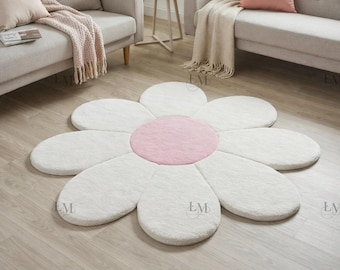 Tappeto floreale trapuntato a mano - Tappeto in lana con petali rosa, tappeto floreale a margherite per la cameretta dei bambini.