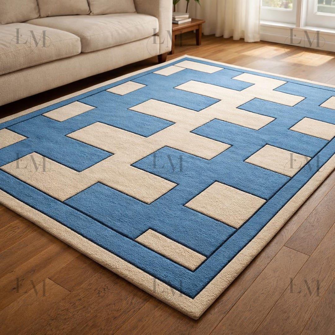 Ivory Maze Rug Coastal Maze Hand-tufted Wool Area Rug, Sky Blue & Ivory Geometric Rug ...