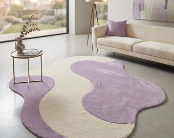 Hand Tufted Lavender & Cream Wavy Area Rug - Irregular Shape Wool Rug - Modern Minimalist Carpet for Living Room, Bedroom Size 4x6, 8x10