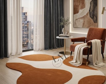 Alfombra de lana tejida a mano: diseño de ondas abstractas en naranja quemado, estilo minimalista moderno, tamaño 8x10