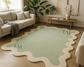 Wavy Sage Green Rug-Scalloped Edge Hand Tufted Wool Carpet for Living Room Size 8x10.