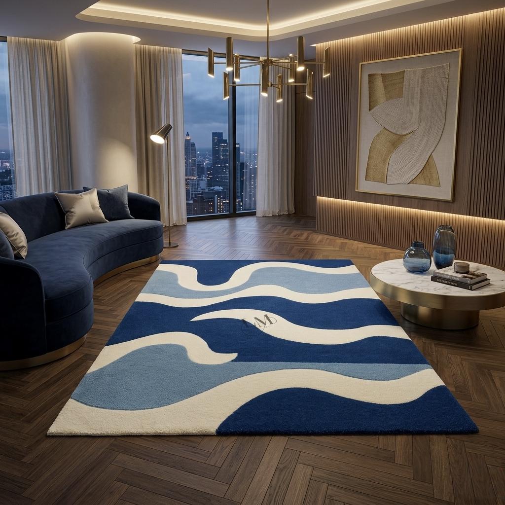 Ocean Wave Rug Blue, Hand Tufted Wool Carpet, Modern Abstract Designer ...